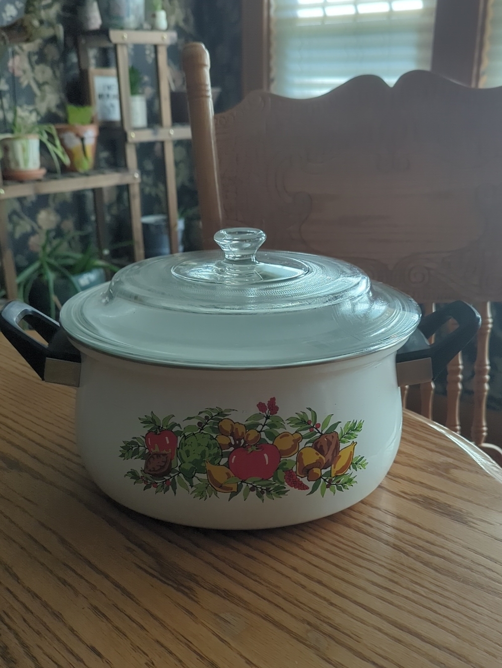 Vintage 1970s Enamel Saucepan with 'Spice of Life' Fruit and Vegetable Pattern